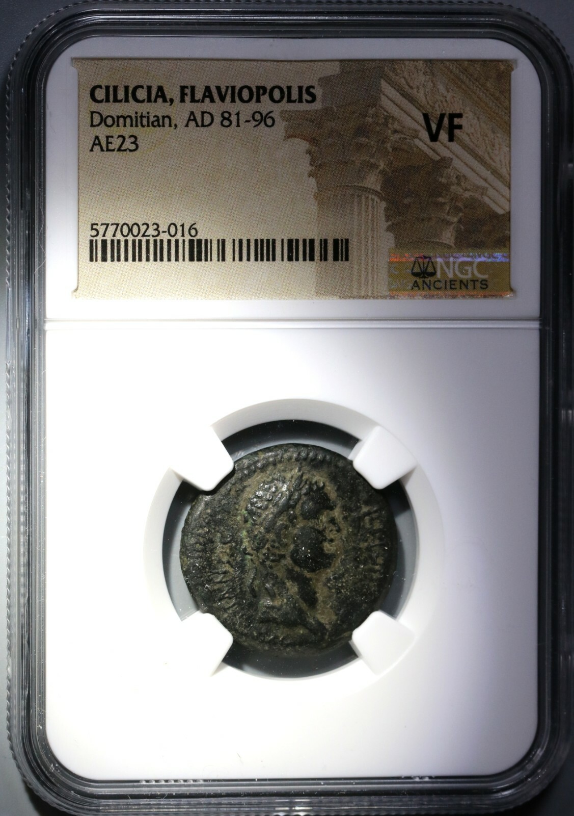 82 NGC VF Domitian Cilicia Flaviopolis Tyche Seated River God AE23 (20080302C)