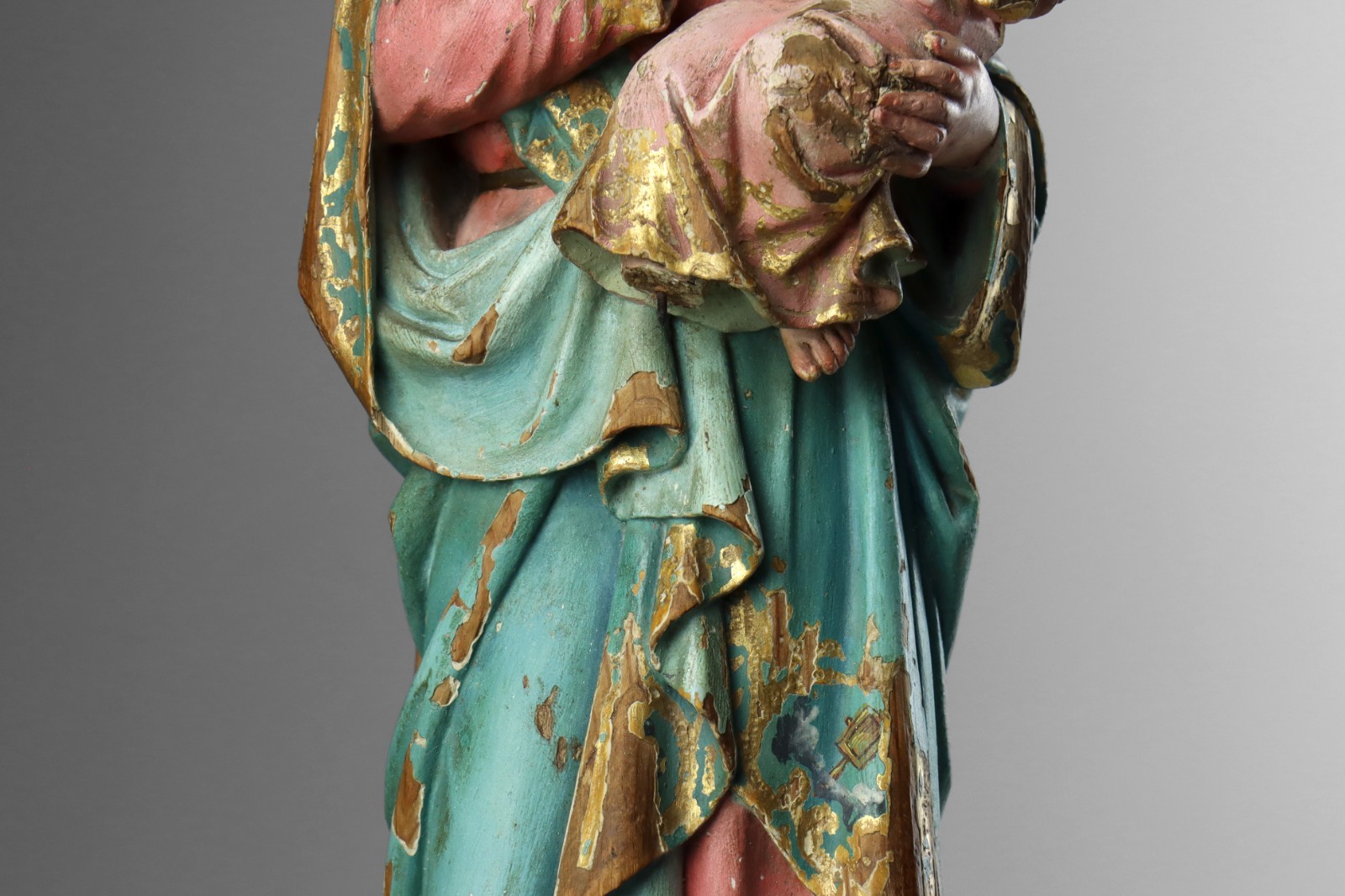 Antique 19th Century Carved Wood Polychrome Virgin Mary Madonna & Child Statue