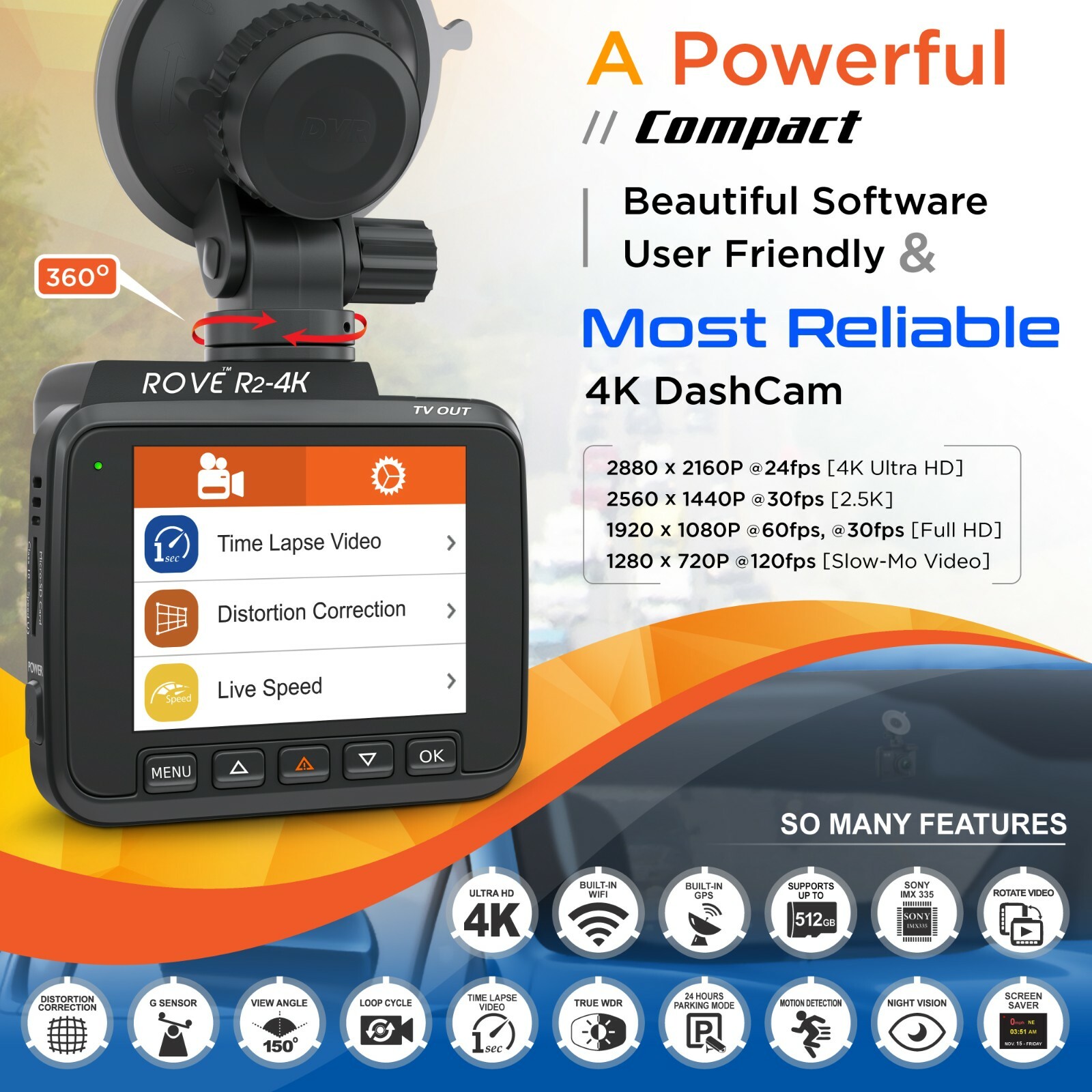 ROVE R2-4K Car Dash Cam Built-in WiFi & GPS [Open Box] with Free Hardwire Kit