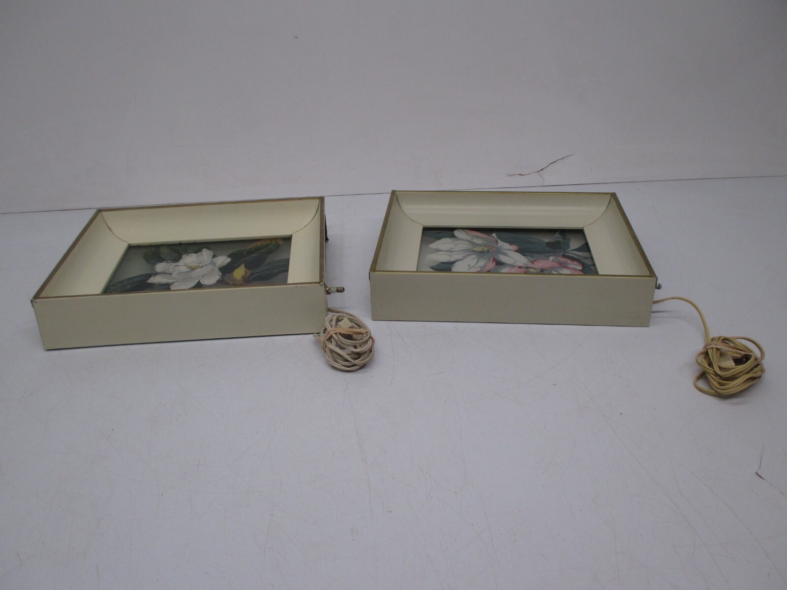 2 Vtg Reverse Painted Glass Floral George Telo Shadow Light Box Lighted Wall Art