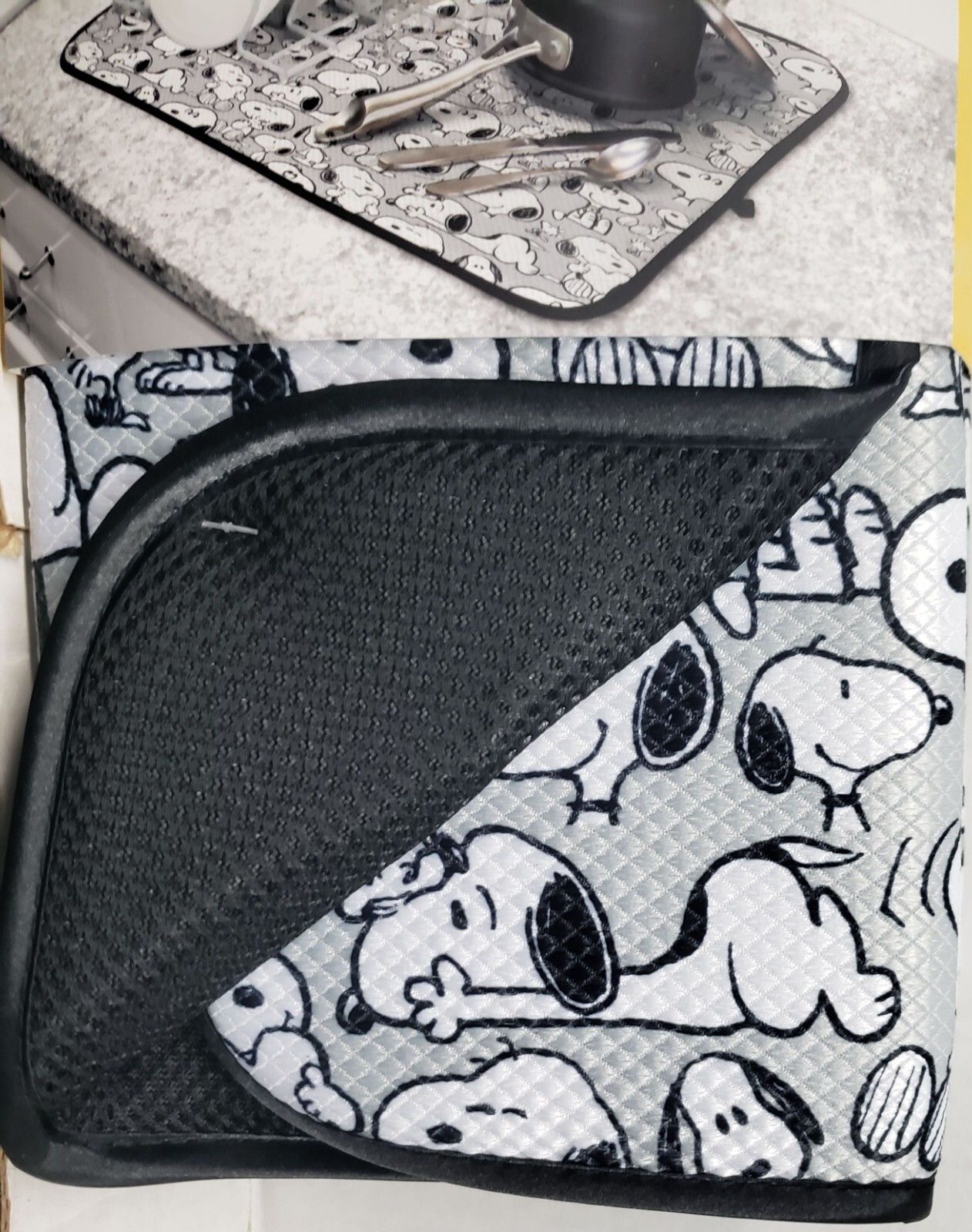 Microfiber Dish Drying Mat(16"x18") PEANUTS BLACK & WHITE SNOOPY DOGS ON GREY,BB