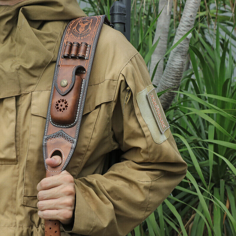 Tourbon Retro Leather Rifle Sling Gun Ammo Carrying Strap w/Knife Sheath Pocket
