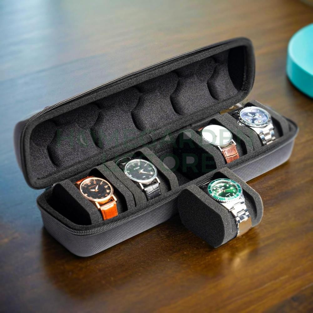 5-Compartment Portable Watch box - With Handle, Flip-Top Lid, and Soft Lining