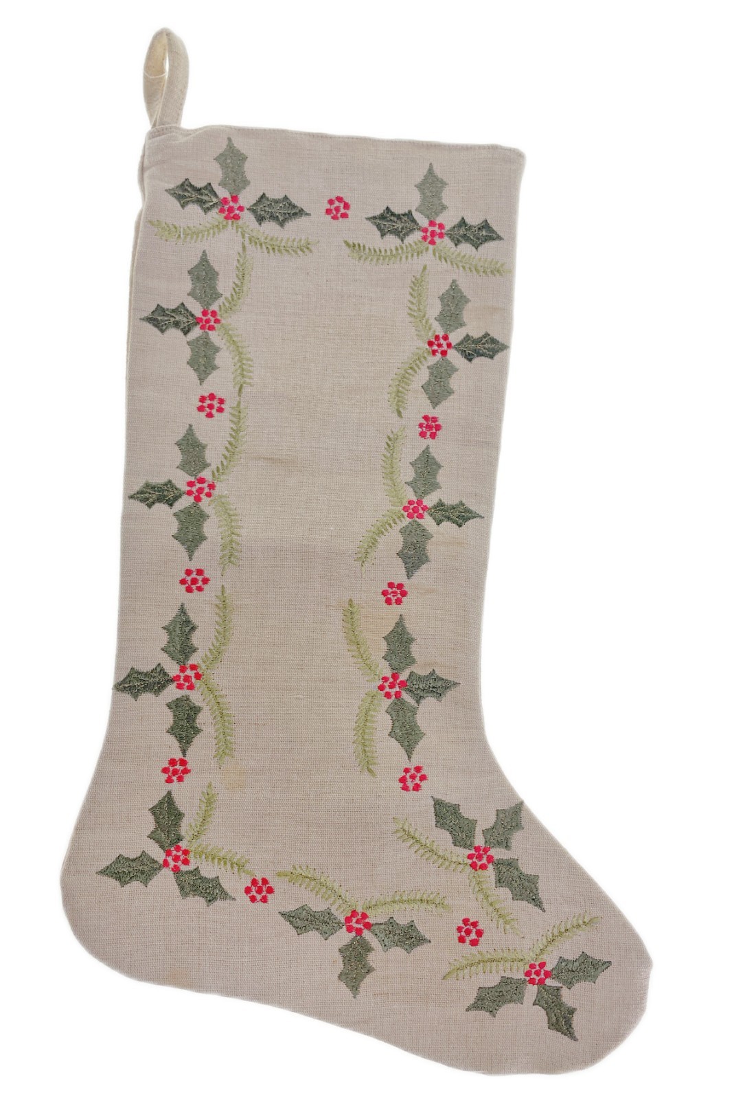 19” Christmas Stocking Beige Jute with Embroidered Holly Berry & Leaves