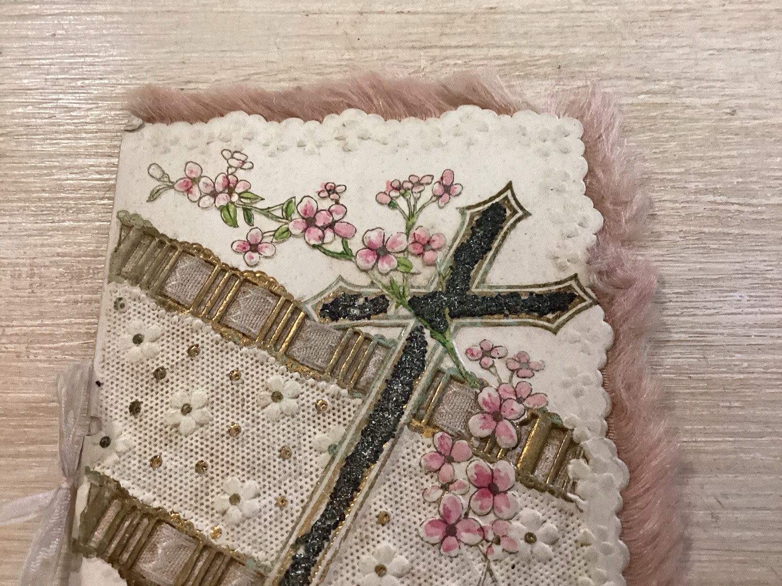 Beautiful French 1 St Communion Card Ribbon Bow Cross Glitter