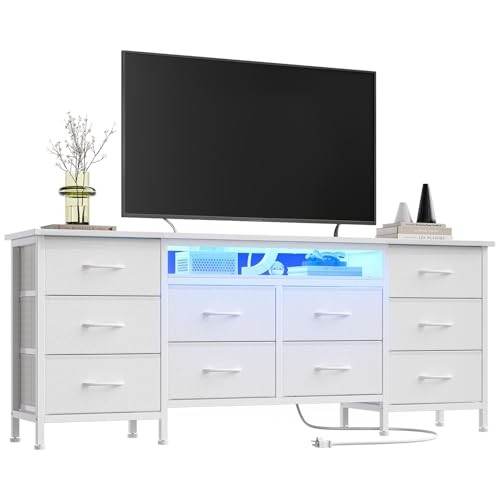 63 Inch 10-Drawer Dresser with LED Lights & Power Outlets, Wide Fabric White