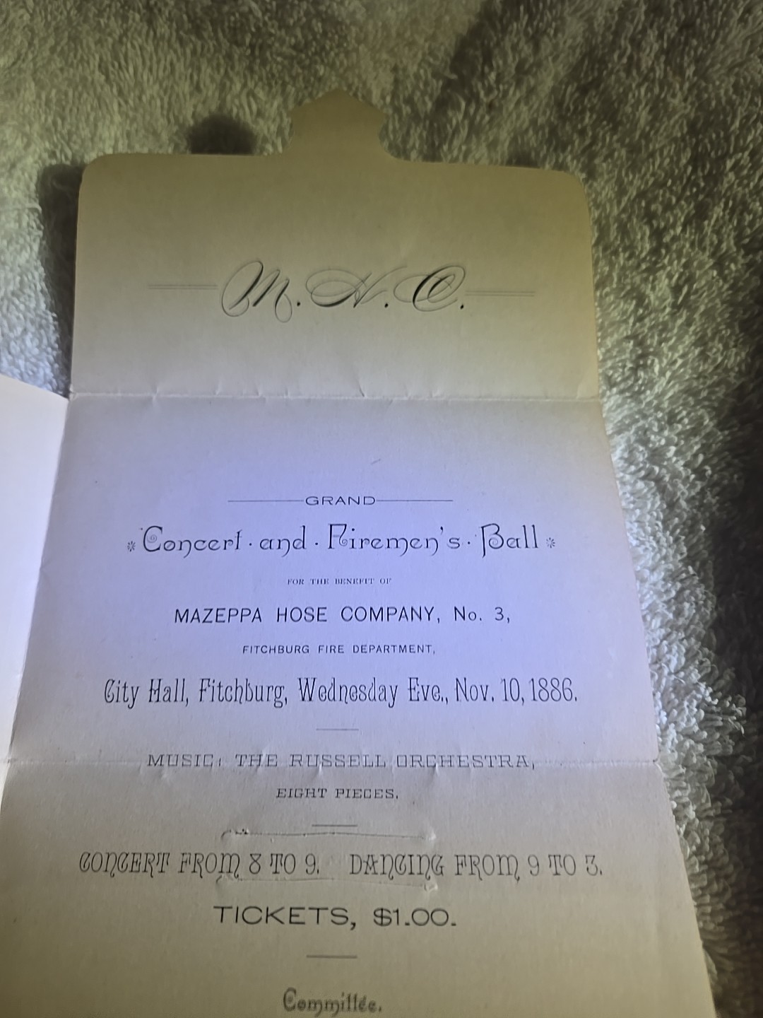 Antique Grand Fireman's Ball Invitation MAZEPPA HOSE COMPANY 3 FITCHBURG,MASS.