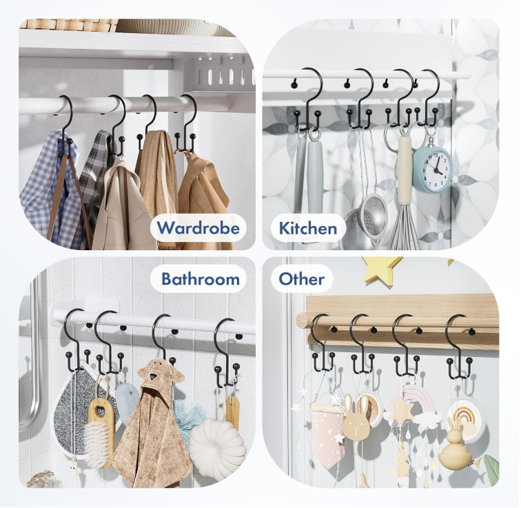 12 Ganchos Doble para Cortina Ducha Negro Mate Antióxido Metal, Nuevo