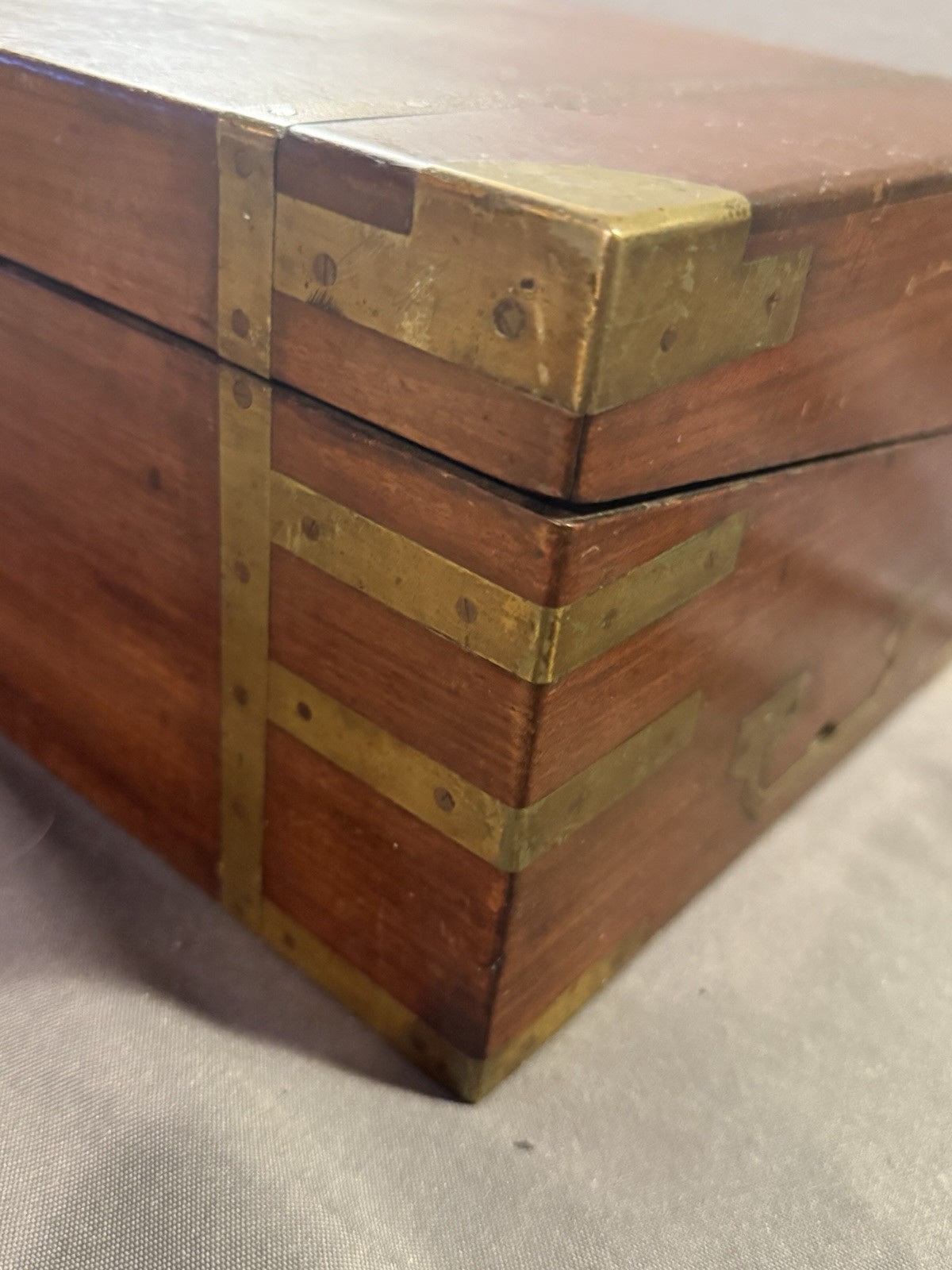 Early Antique Wood & Brass Bound Military Campaign Writing Desk