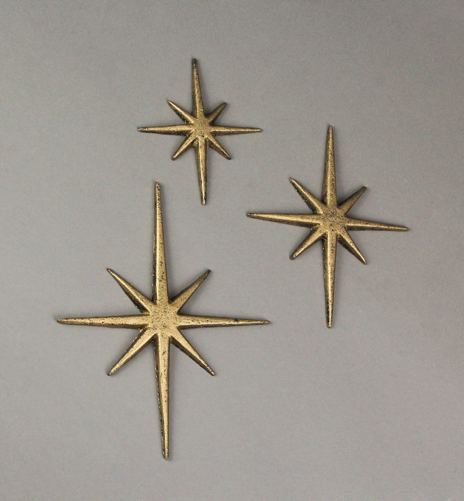 Set of 3 Gold Cast Iron 8 Pointed Starburst Wall Hangings Mid Century Stars