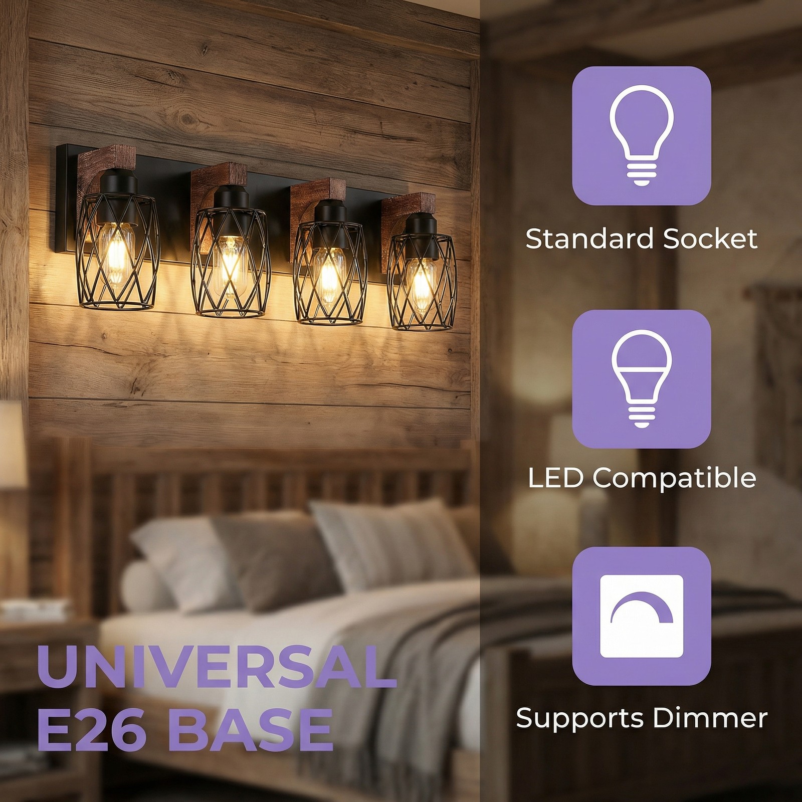 24" Rustic Caged Vanity Light 4 Lights Bathroom Mirror Wall Lamp Sconce Fixture