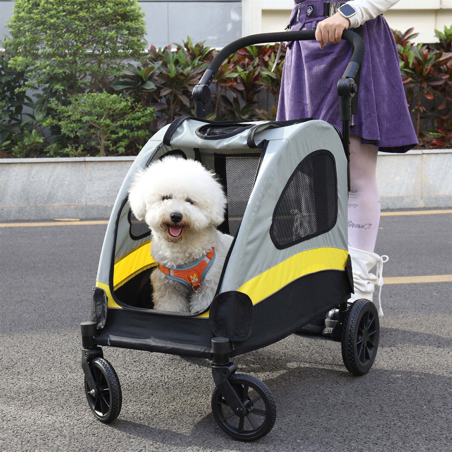 4-Size Foldable Dog Stroller Pet Jogger Wagon Cart w/Shock Absorber&Safety Leash