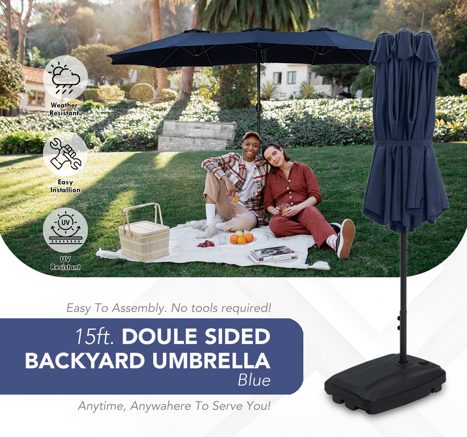 15FT Double-Sided Outdoor Sun Shade Backyard Patio Umbrella Blue w/ Crank & Base