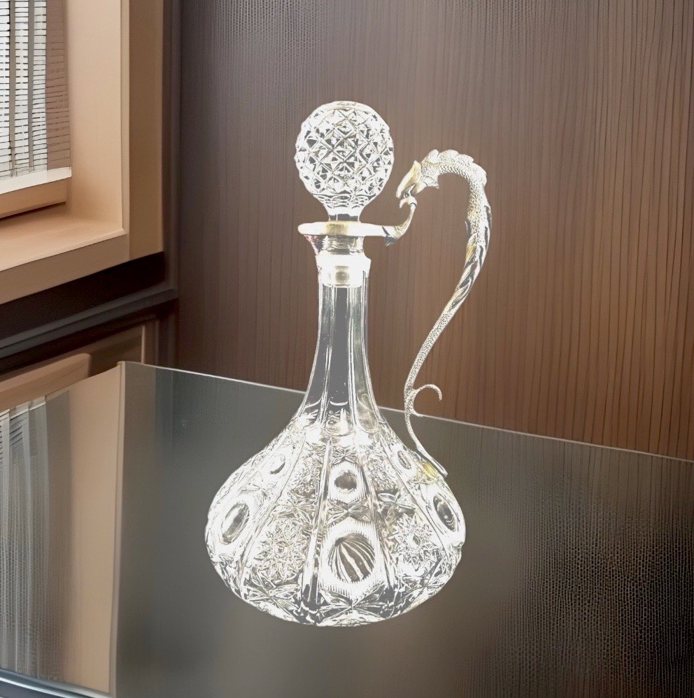Glass Crystal Decanter Dragon Handle 11.5" Tall Italy