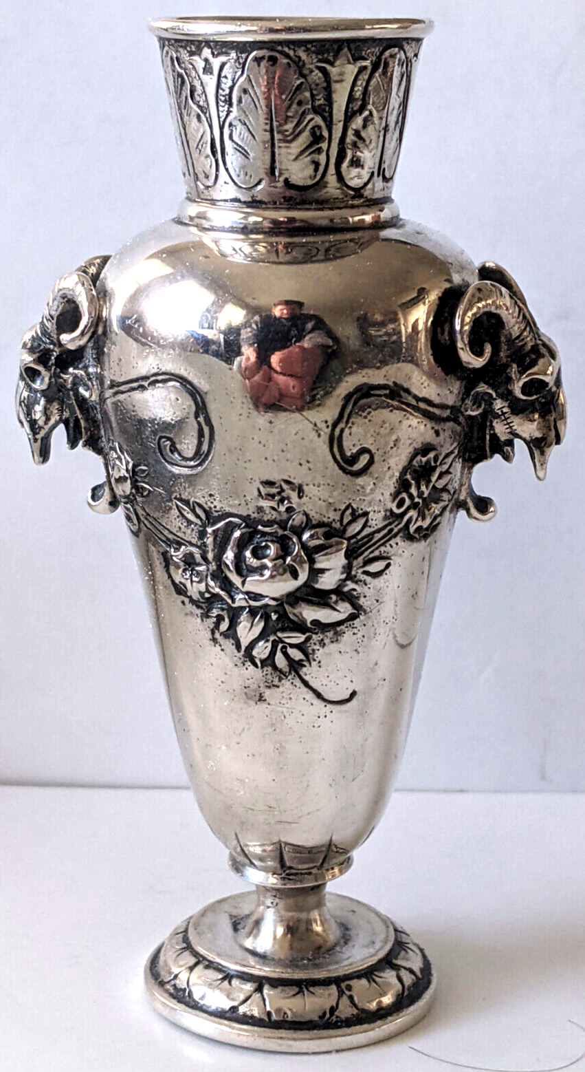 c.1900 Antique German Kaser & Walter 800 Silver Cabinet Vase. Applied Ram Skulls