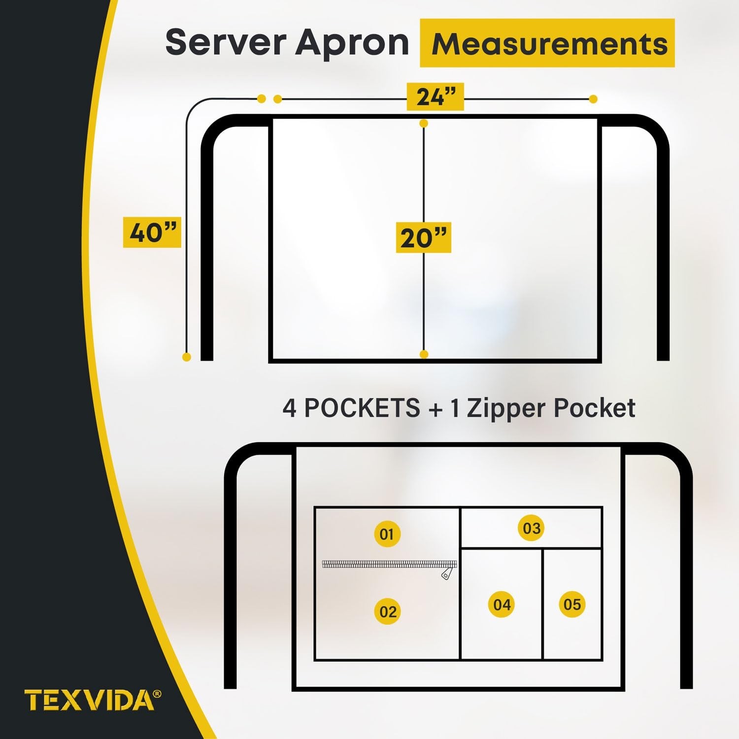 Unisex Bistro Server Apron with Zipper Pocket - Commercial Grade (Black, 24x2...