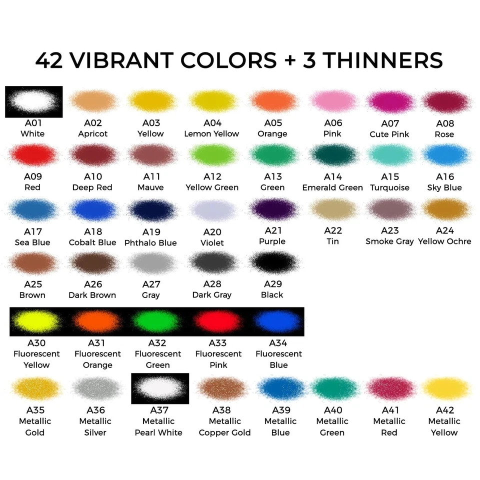 42 Color Acrylic Airbrush Paint Set with Thinners - Opaque, Metallic, Neon