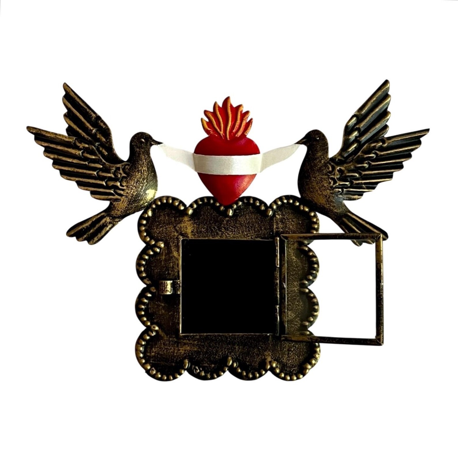 SACRED HEART Frame with Doves, Mexican Tin Heart Nicho, Shadowbow