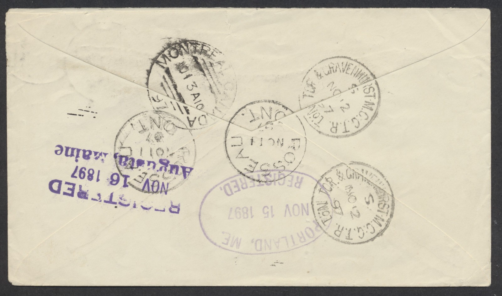 1897 Registered Cover Rosseau (PSD) ONT to USA RPO 3c + 5c SQs