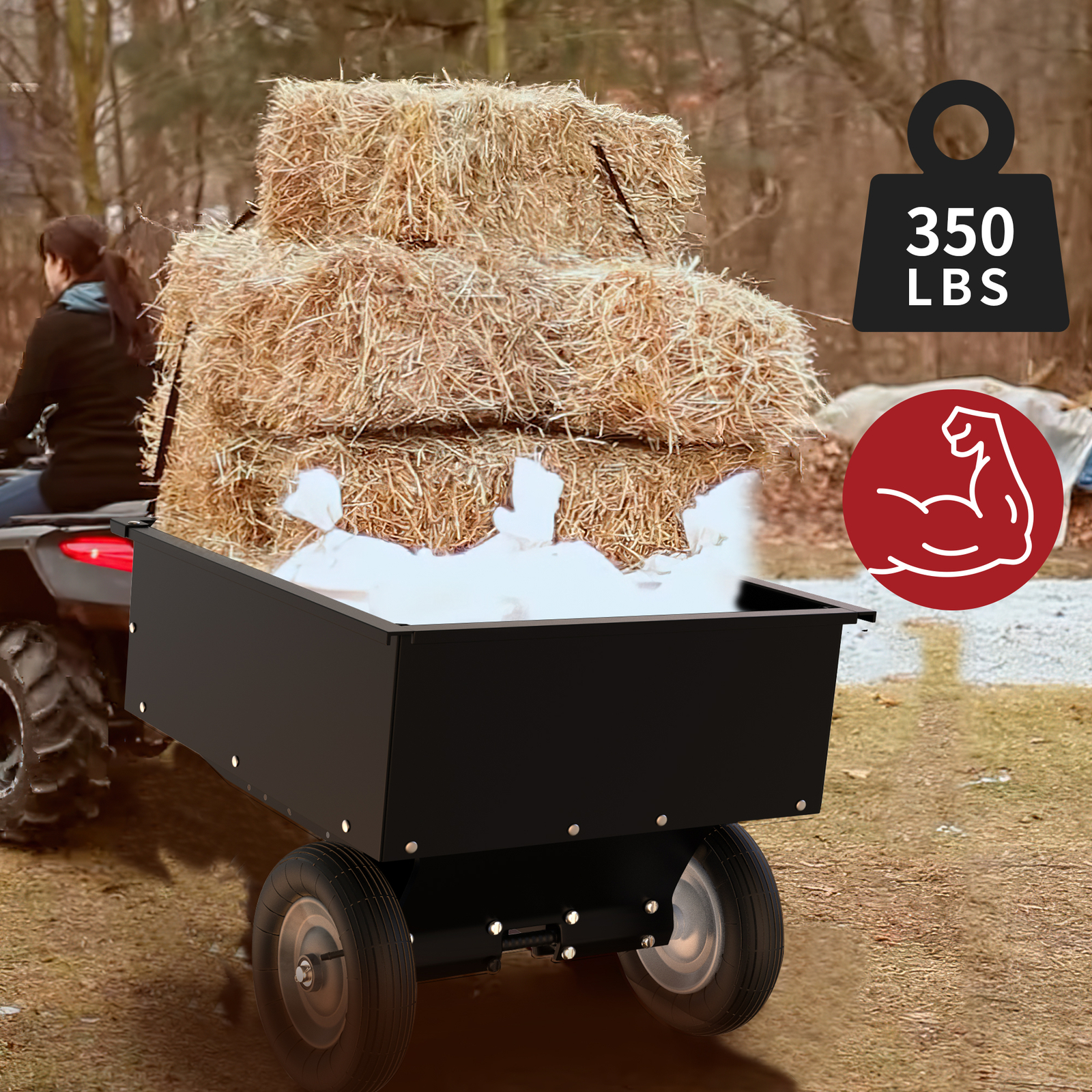 Dump Cart Tow Behind Lawn 350LB Steel Black for Lawn Tractor & ATV UTV W/ Wheels