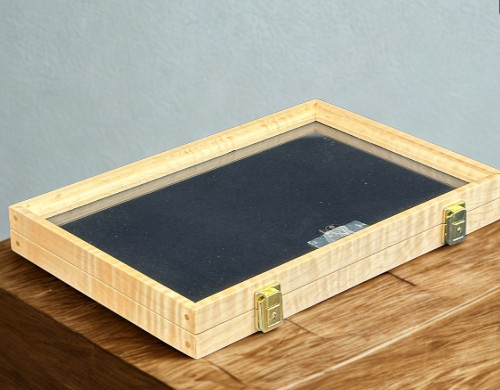 Curly Maple Wood Display Case 12 x 18 x 2 Black Liner for Arrowheads or Knives