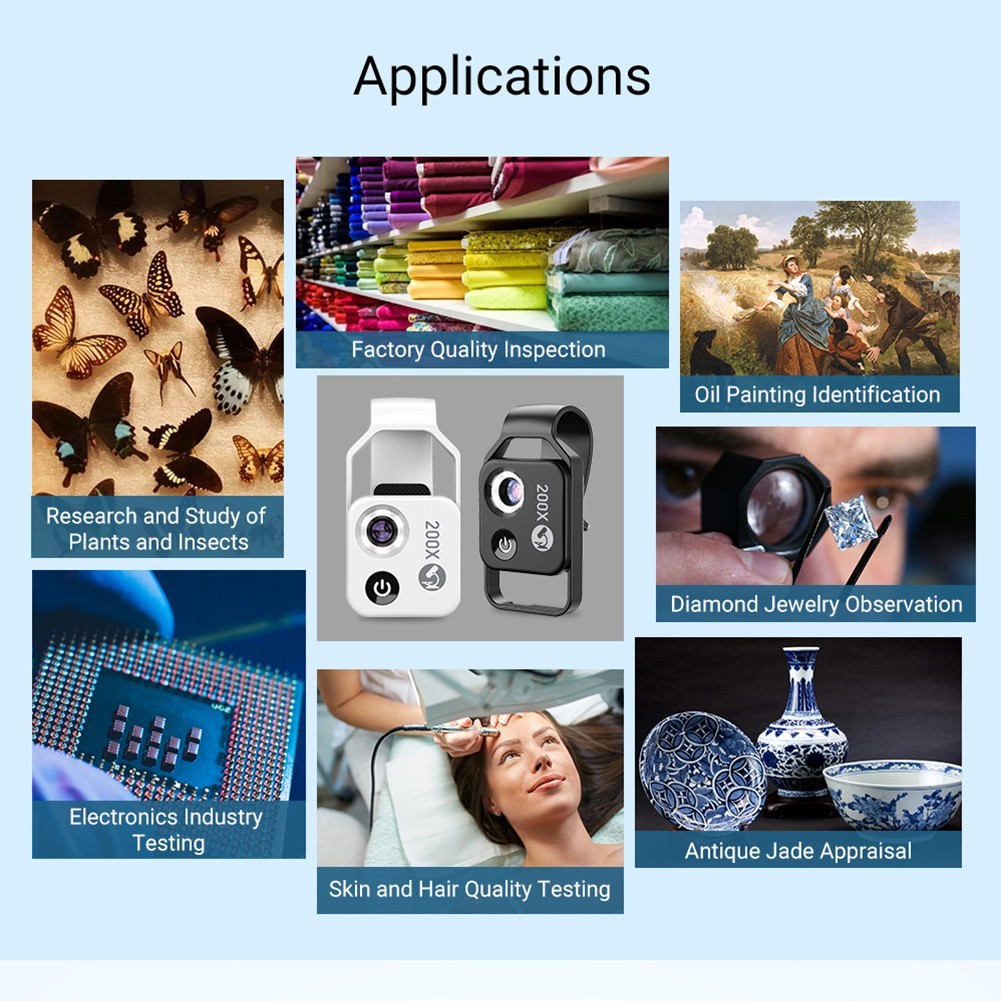 200X Phone Mini Pocket Microscope with LED Light/Universal Clip, Nano Zoom Porta