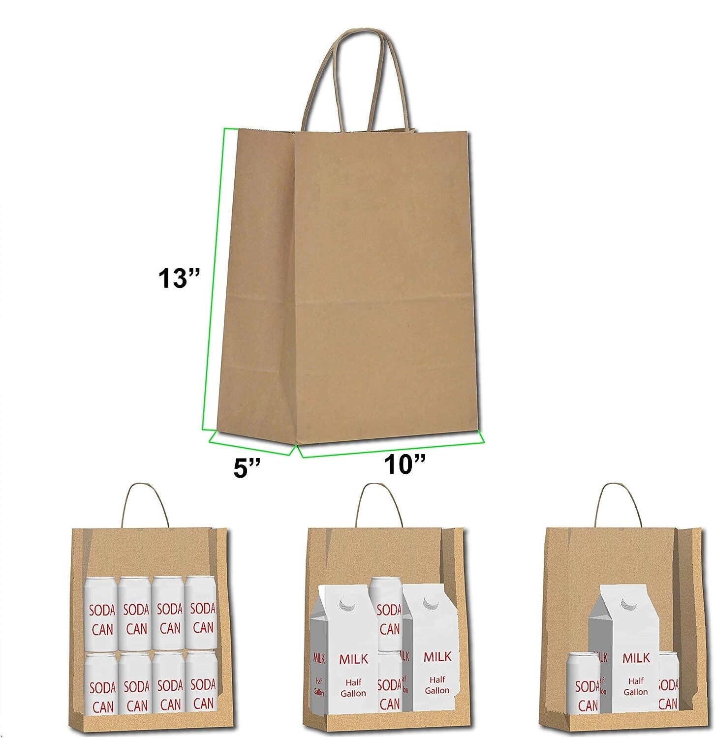 100 Paper Shopping Bags Natural Kraft 10" x 5 x 13" Retail Merchandise Handles