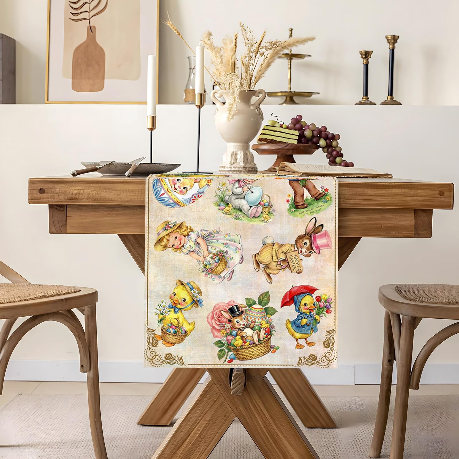 Vintage Easter Table Runner Spring Retro Bunny Duck Children's Baby Shower Party