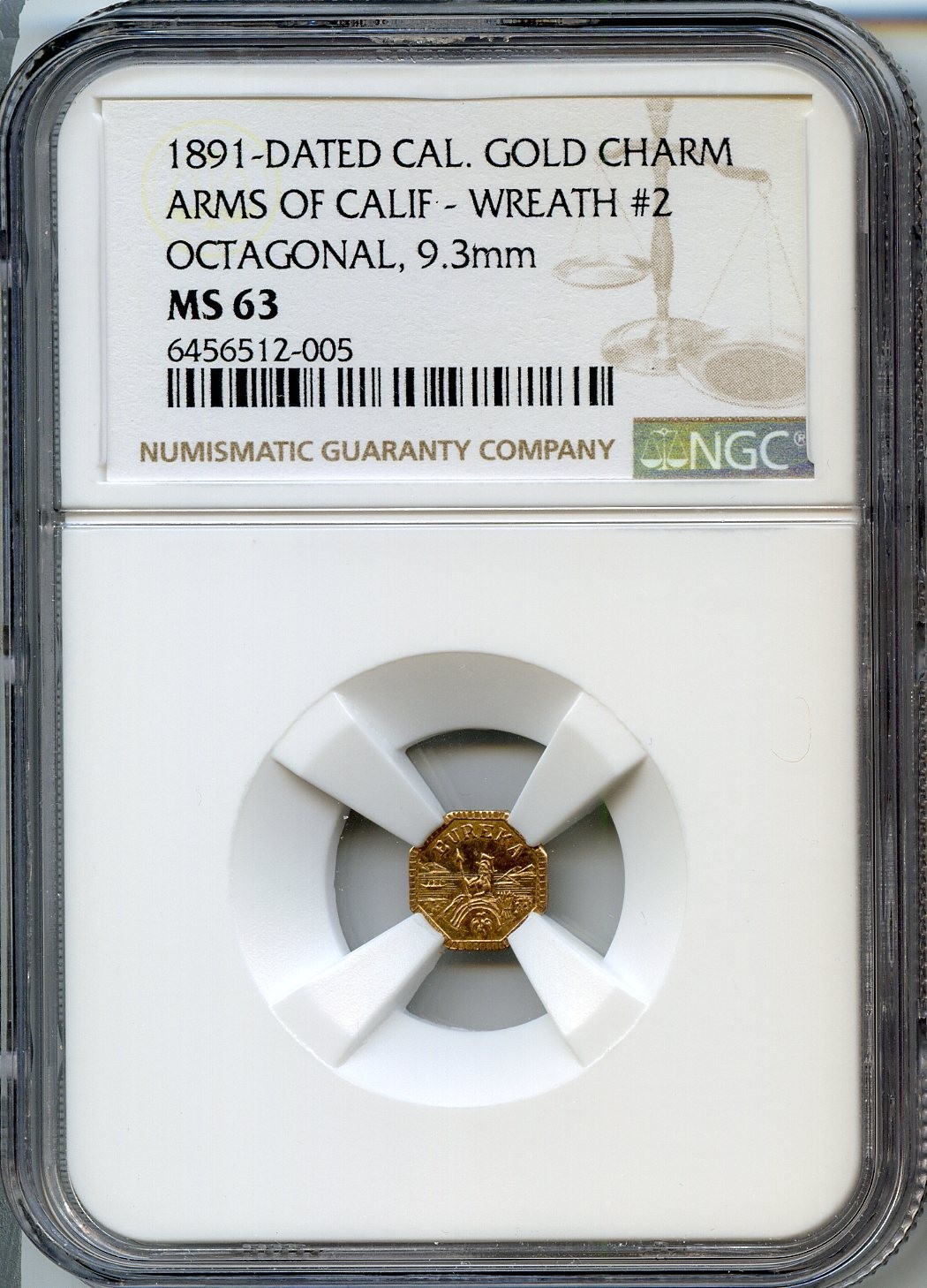R8 - 1891 California Fractional Gold, Arms of Calif, W#2 / NGC MS63 POP 3 RARE!