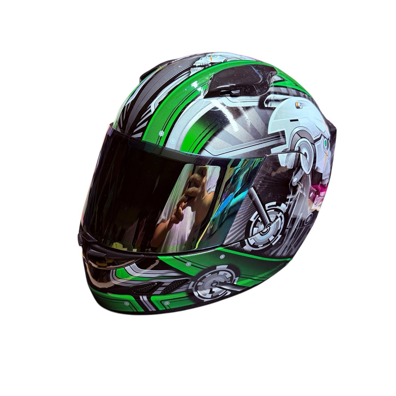 1STORM Motorcycle Bike Full Face Helmet Mechanic Skull Green Large