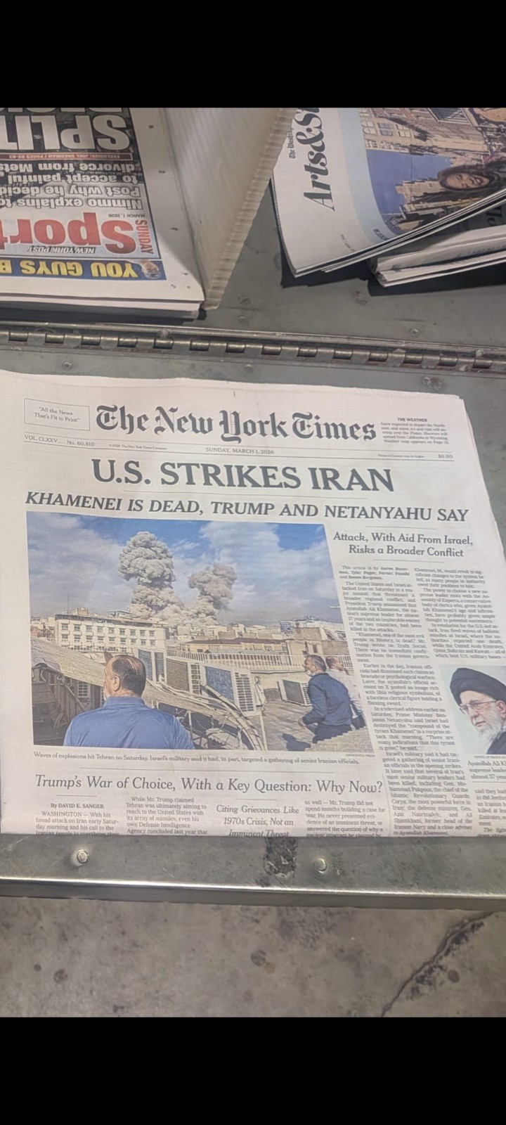 The New York Times Sunday March 1st 2026  U.S.STRIKES IRAN. KHAMENEI IS DEAD,...