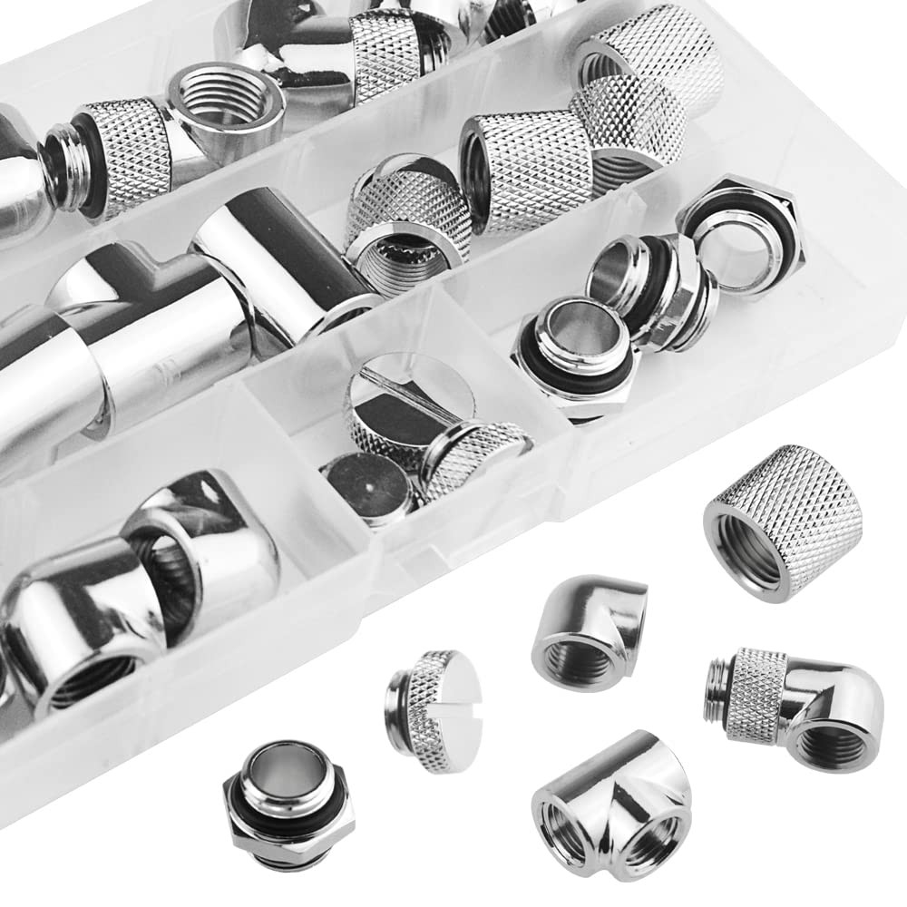 24-Piece Silver Chrome G1/4" Fittings Kit for Custom PC Water Cooling Systems...