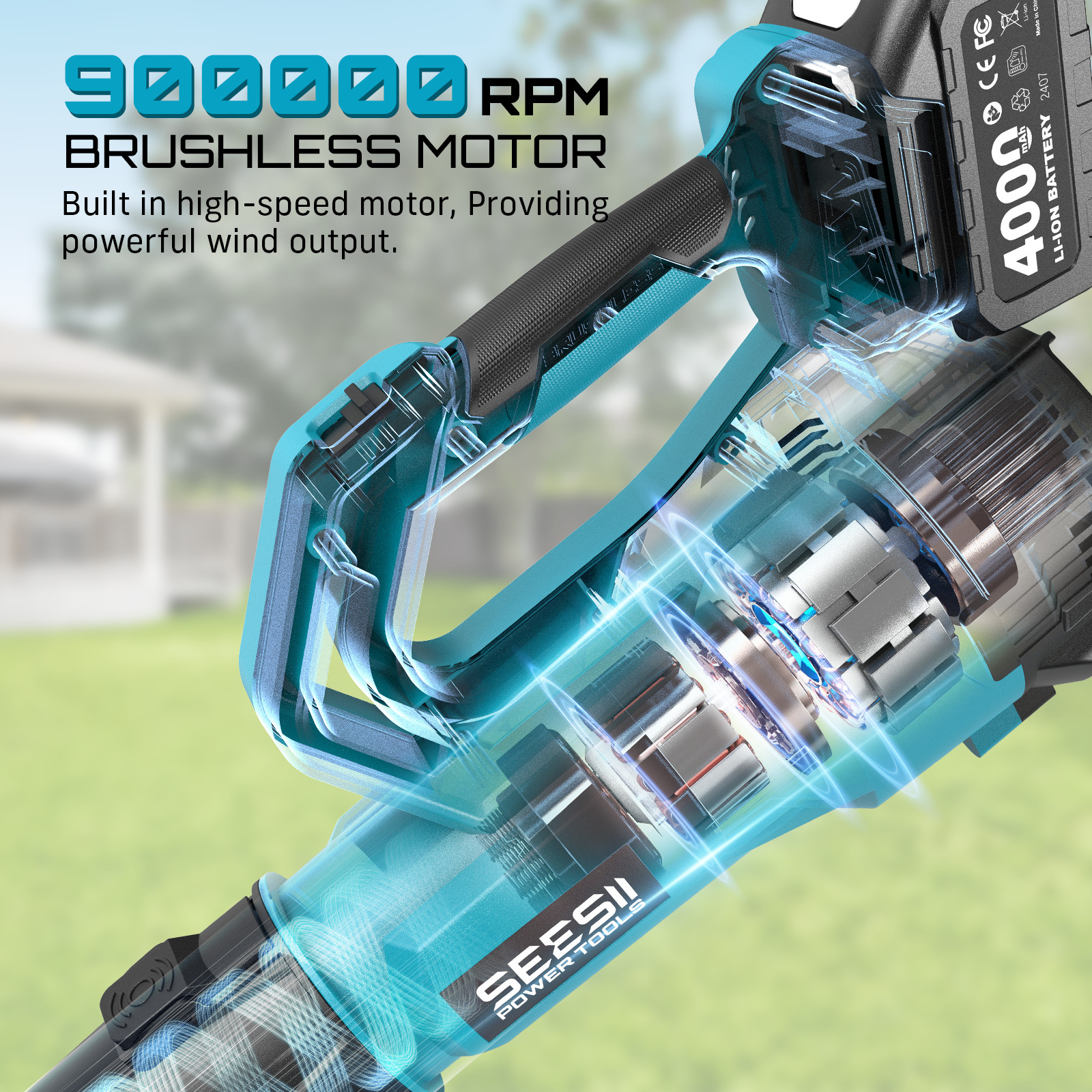 Seesii 21V Cordless Leaf Blower 780CFM 400MPH 2x4000mAh Batteries