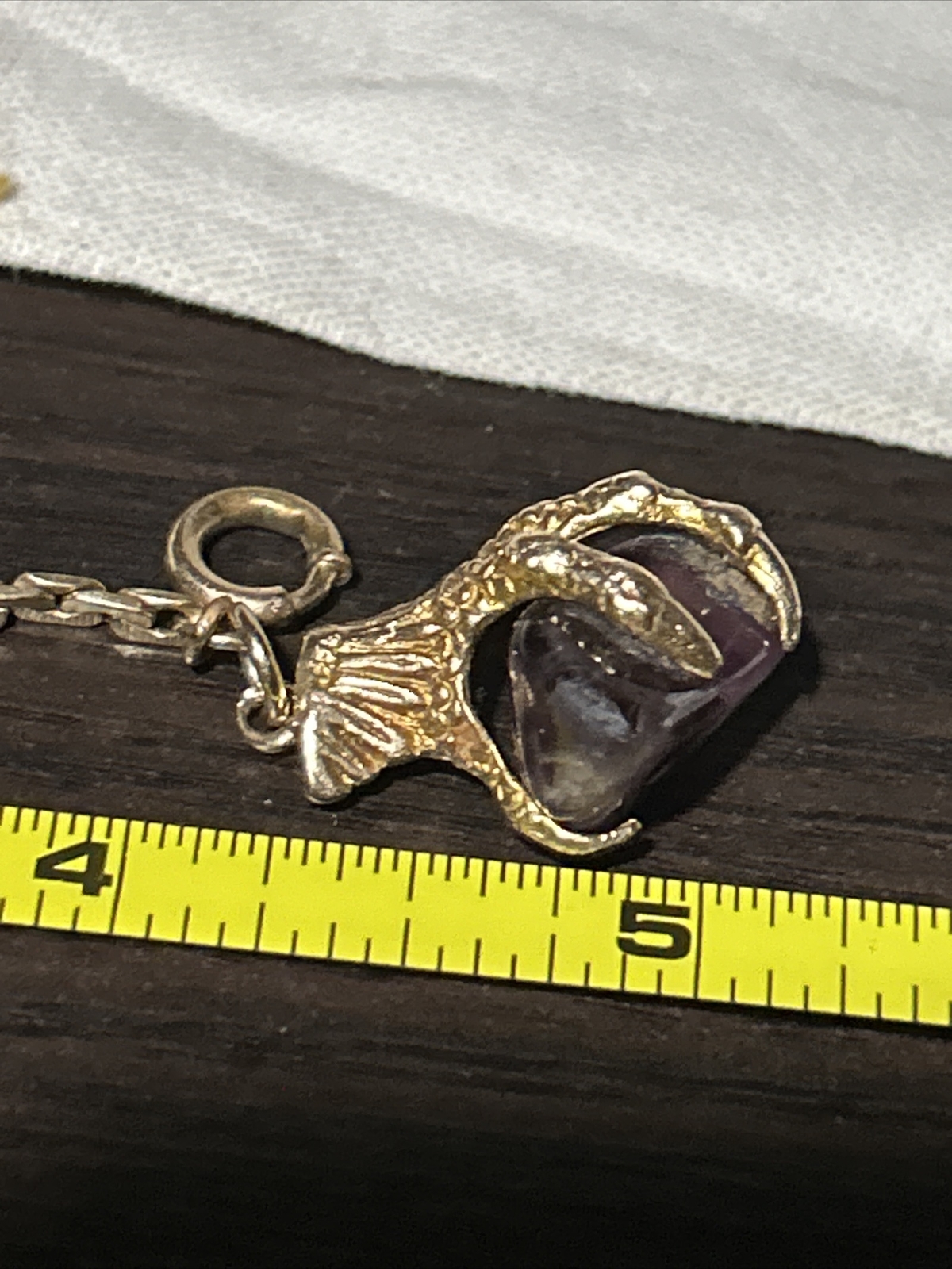 Vintage 9ct Solid Gold Amethyst Dragon Claw Fob Pendant SP Gold Filled 14” Chain