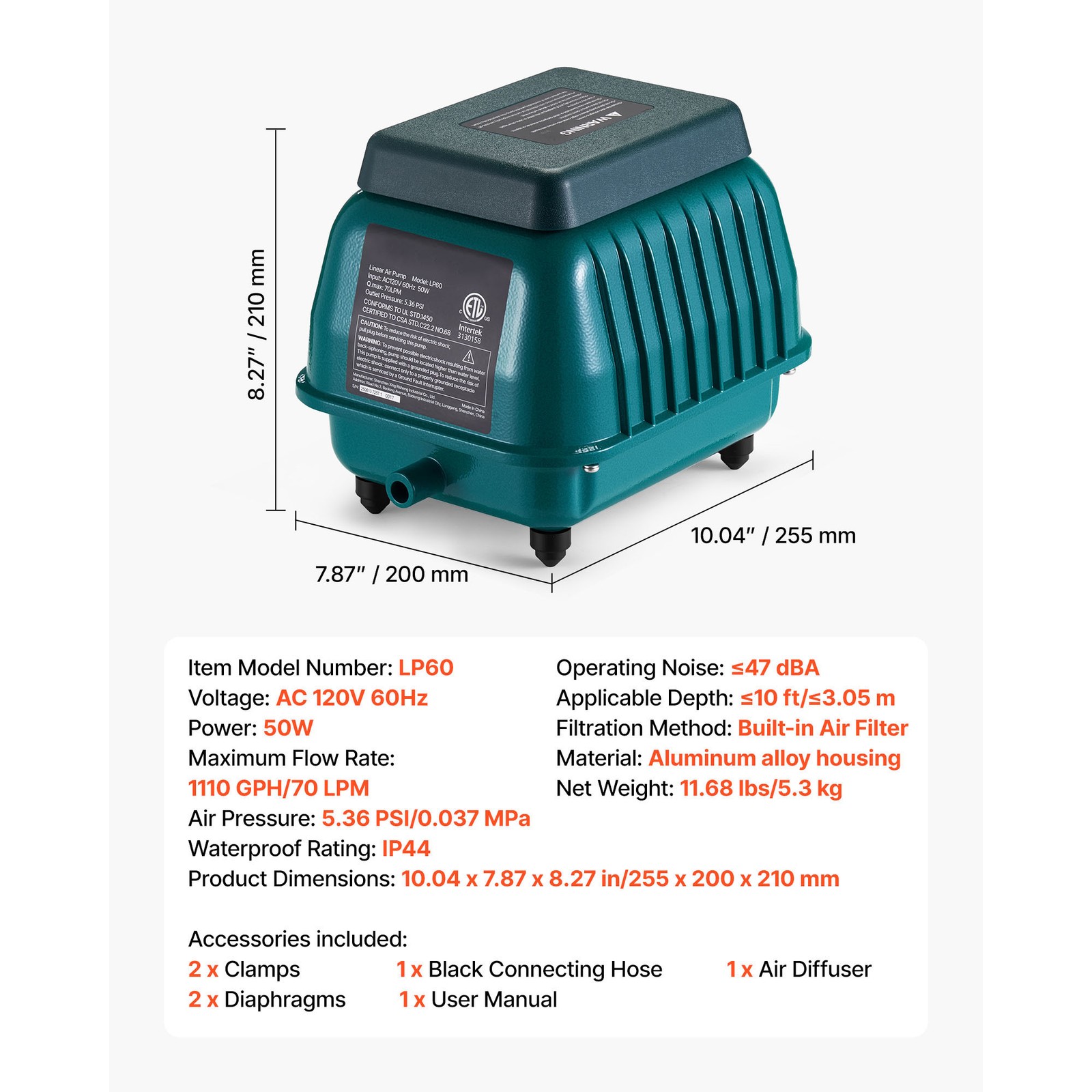 Uimoso Linear Air Pump for Septic Systems & Deep Pond Aeration 1110 GPH Capacity