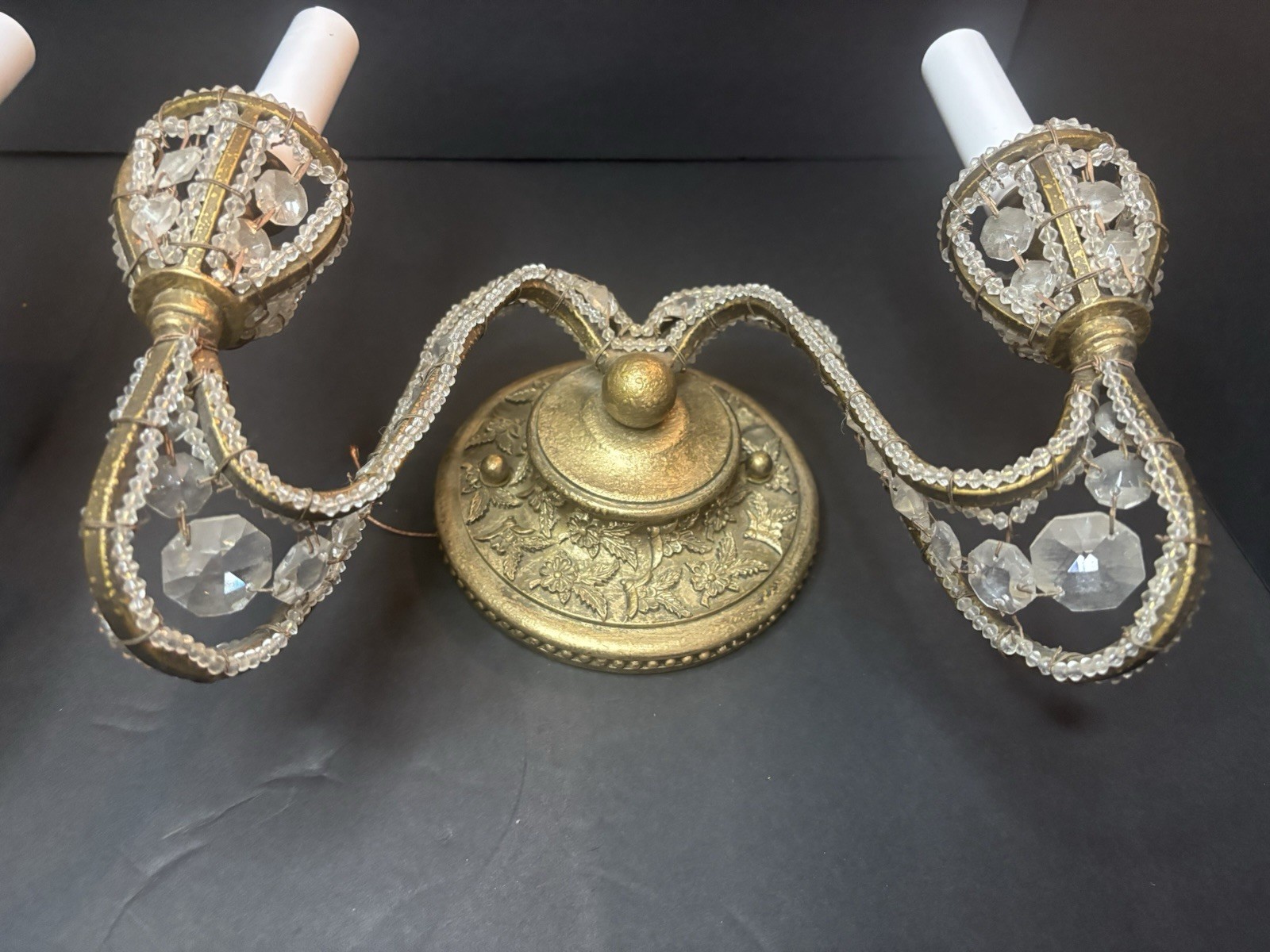 Pair Double Arm Wall Sconces Crystals Beaded Antique Style