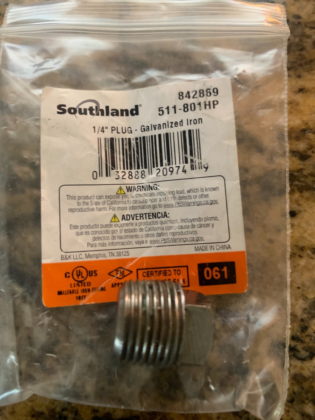 Southland 1/4 In. Iron Galvanized Plug 511-801HP Southland