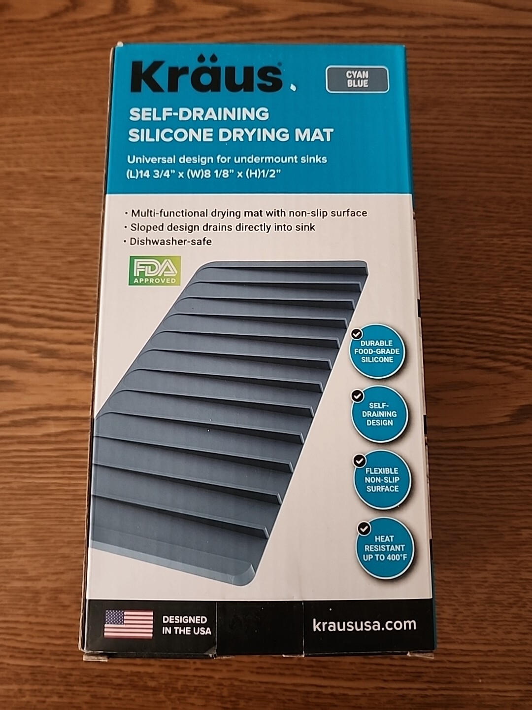 Kraus Silicone Sink Mat Self Draining Mat Cyan Blue 14 3/4" x 8 1/8" New