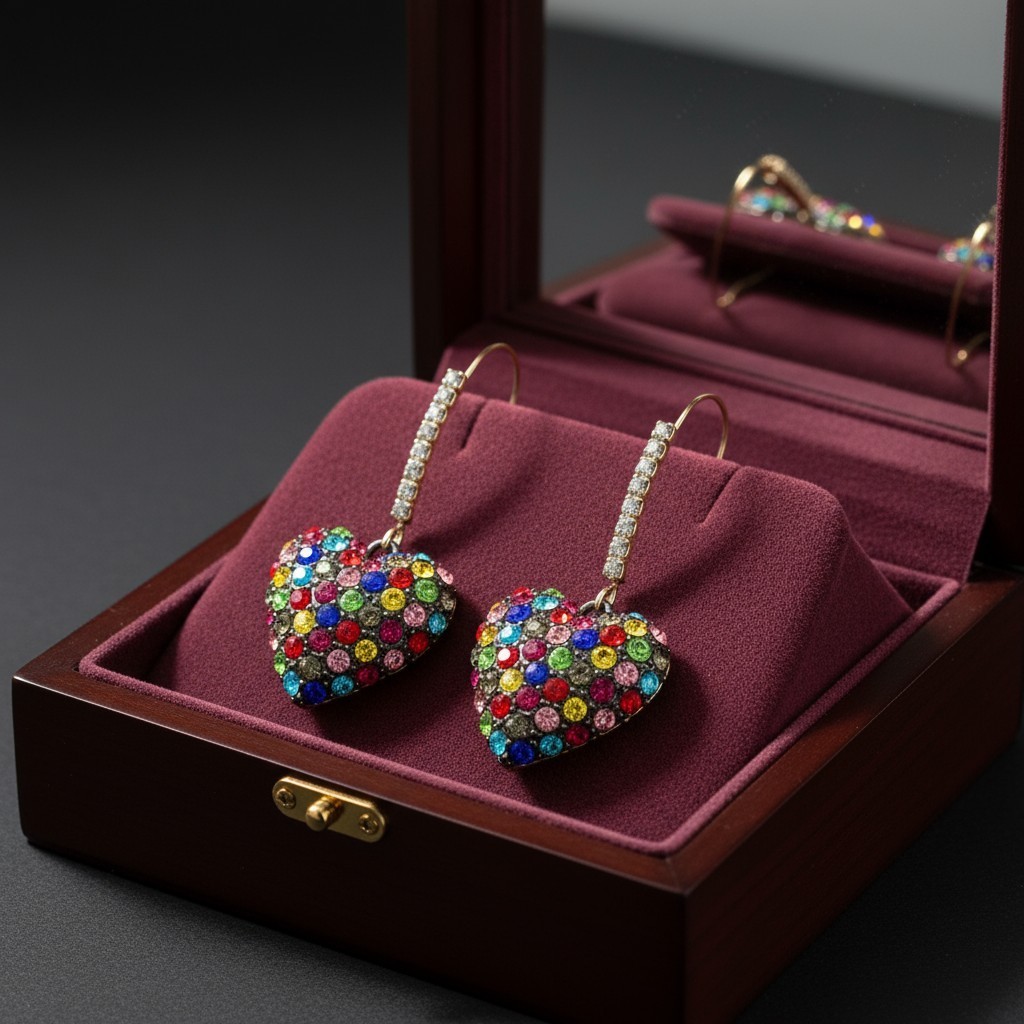 Betsey Johnson Stone Heart Dangle Earrings Rainbow Pave Stones Crystal Accents.