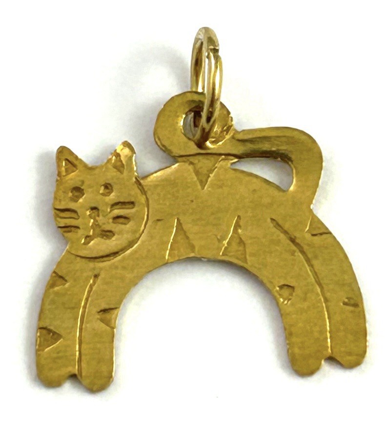 Vintage Cat Charm Necklace Pendant Kitten Kitty Vintage Jewelry Etched Brass