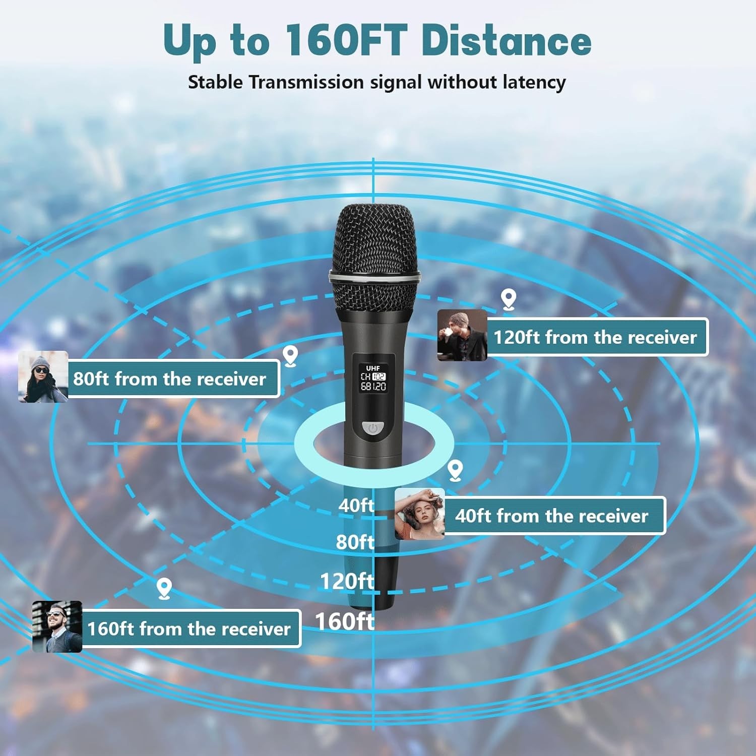 Wireless Microphones, UHF Metal Rechargeable Cordless Dynamic Mic System with Au