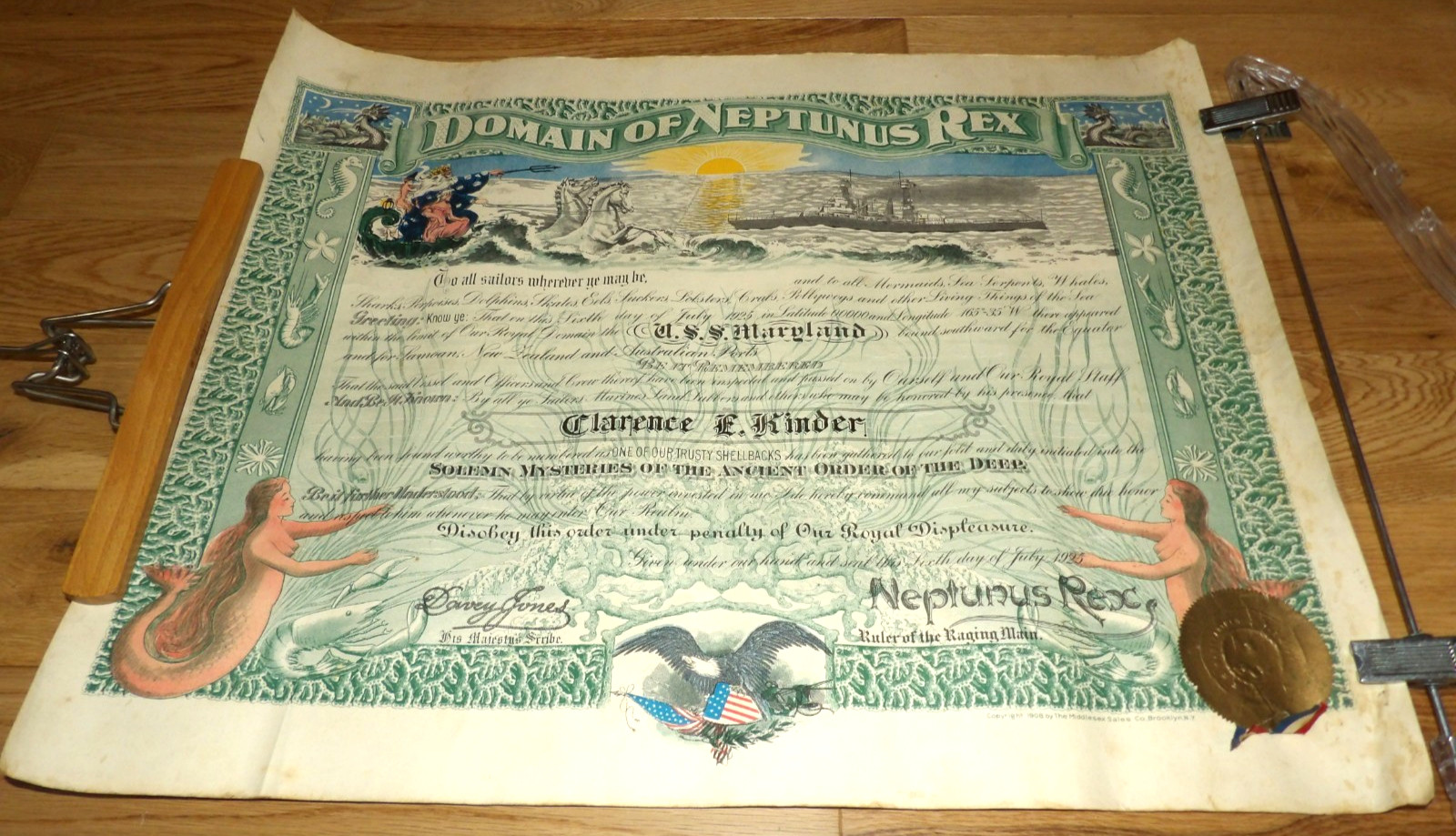 1925 USS Maryland Domain Of Neptunus Rex Navy Certificate Topless Mermaids