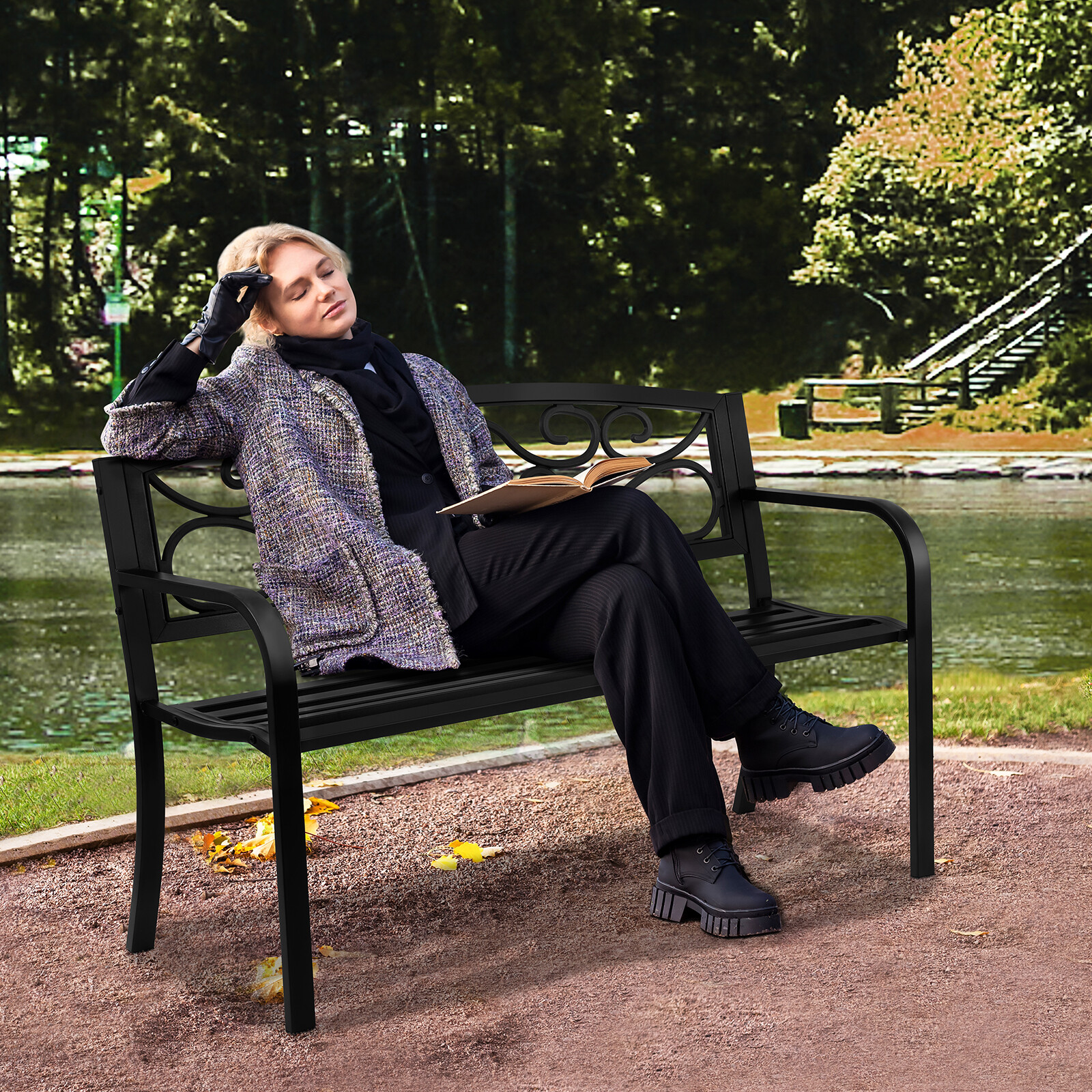 VEVOR Outdoor Bench 50 in Metal Garden Bench 550 lbs Park Patio Yard Porch Bench