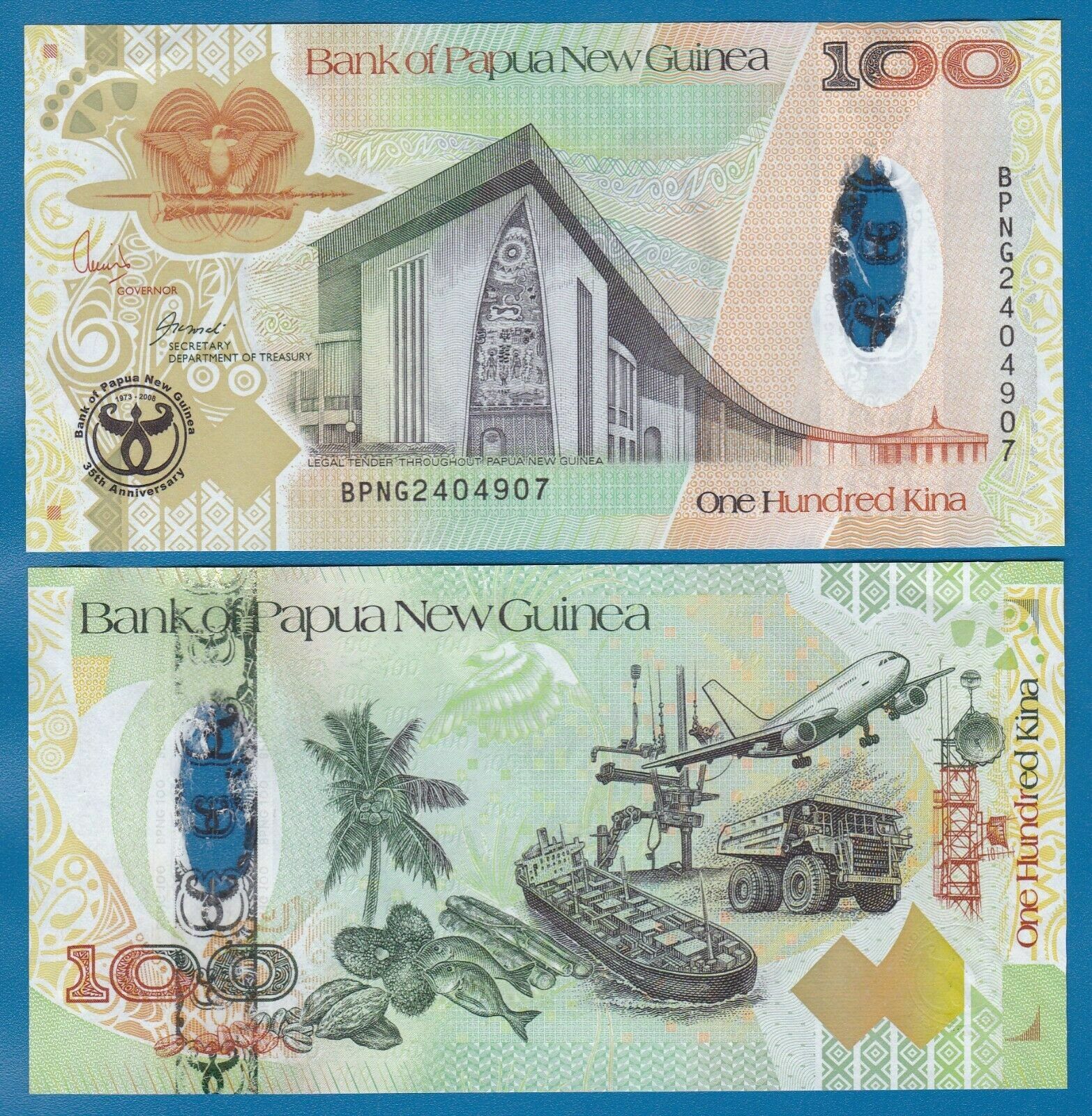 Papua New Guinea 100 Kina P 37a ND 2008 UNC Hybrid note, Commemorative P 37 a