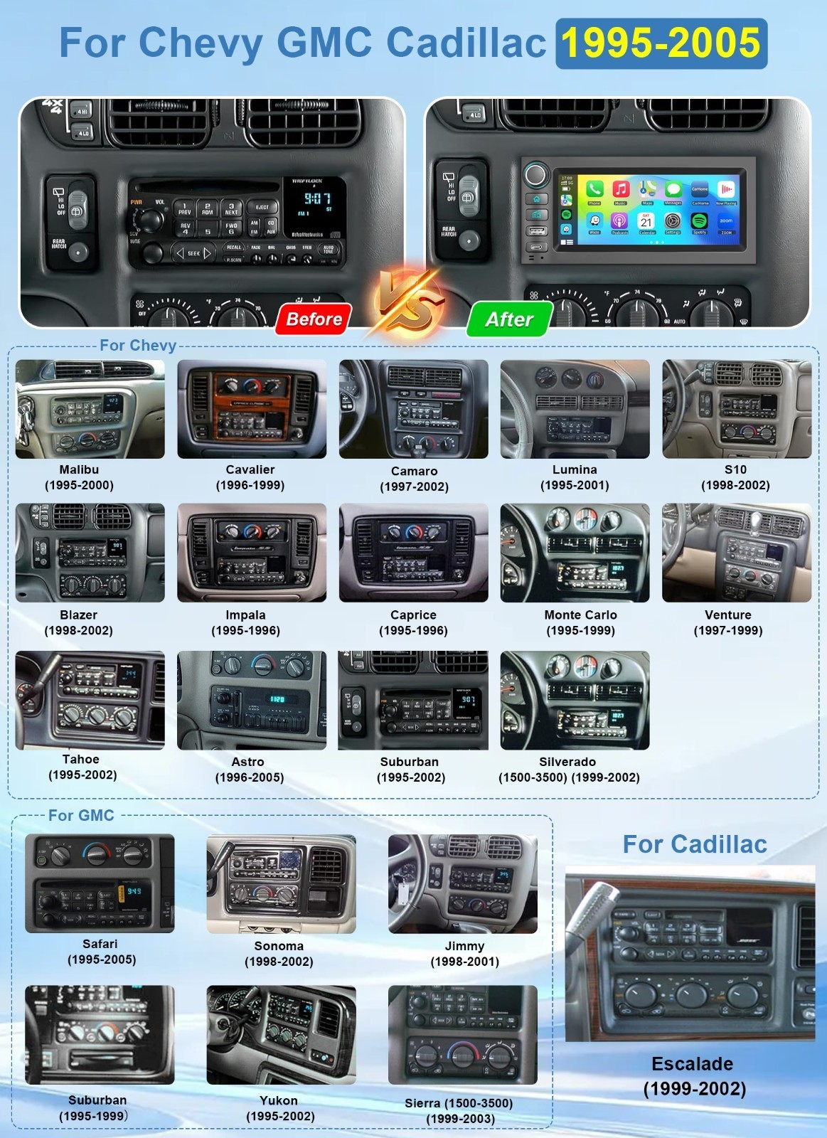 For GMC Chevy Tahoe Yukon Suburban 1995-2002 Apple Carplay Car Stereo Radio GPS