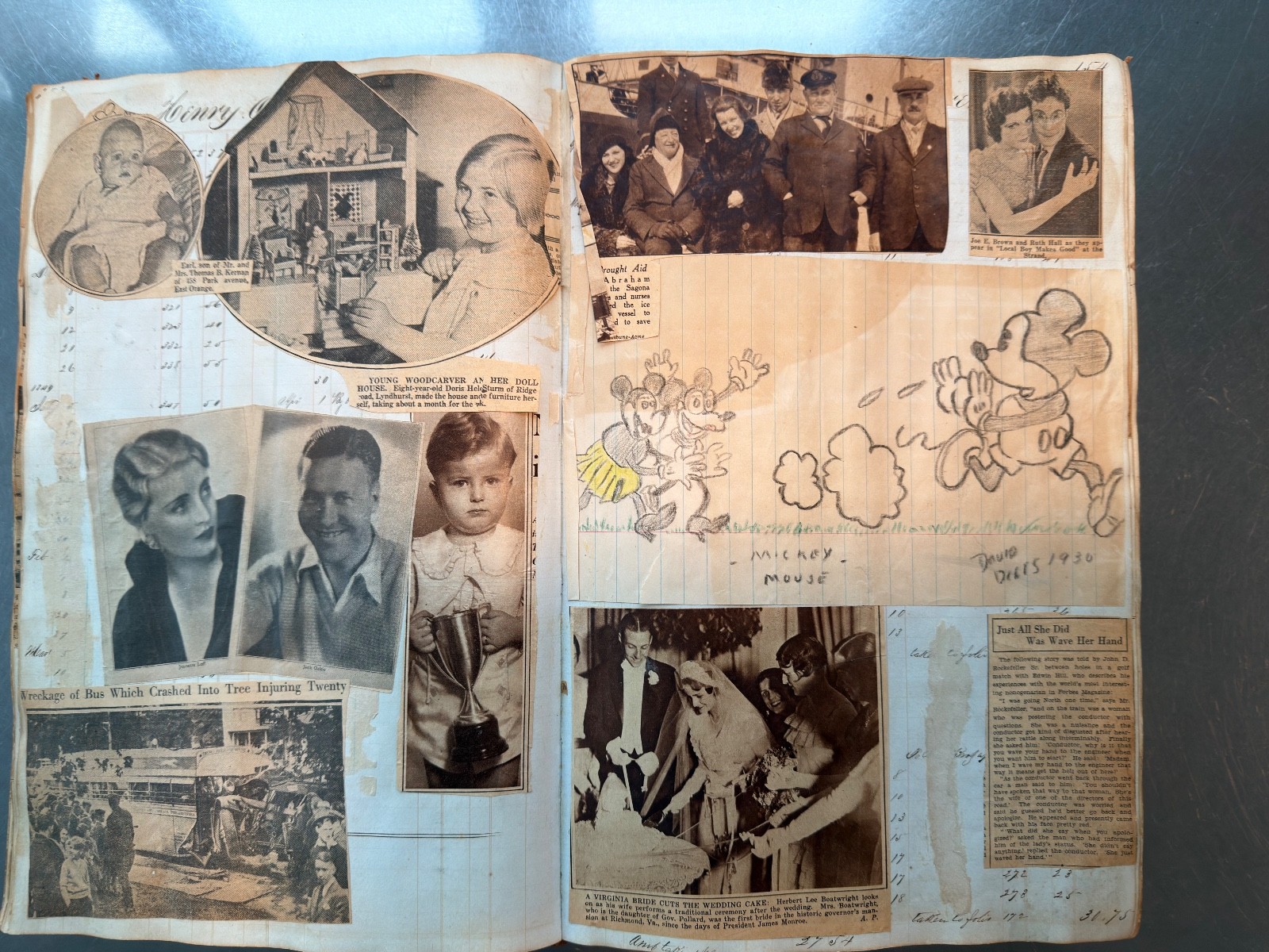 Large Newspaper Clipping Scrapbook NY/NJ 1920s-30s on 1840s Leatherbound Ledger