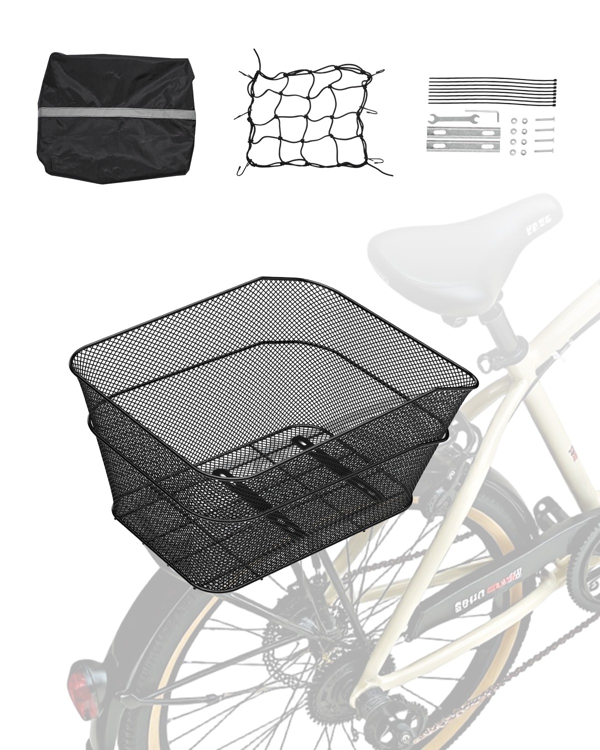 VEVOR Rear Bike Basket Wire Mesh Bicycle Basket with Cargo Net Waterproof Cover