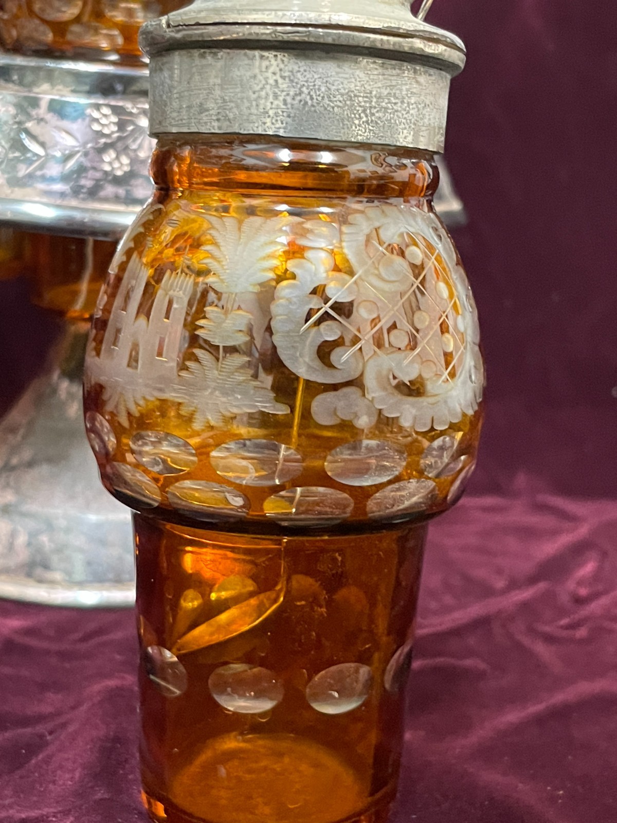 Antique 1800's Wilcox Silver Plate Cruet Condiment Set 3 Etched Amber Bottles