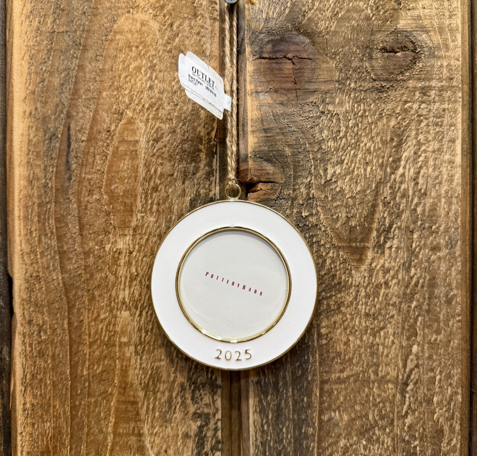 POTTERY BARN 2025 DATED ENAMEL FRAME ORNAMENT ROUND 3.5" DIAM ~ IVORY CHRISTMAS