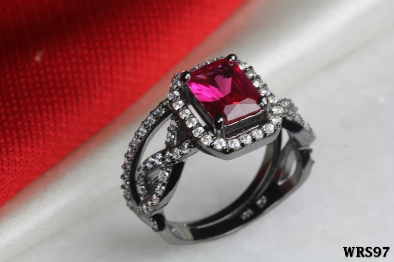 Brilliant Cut Halo Hot Pink CZ 925 Black Silver Engagement Wedding Ring Set